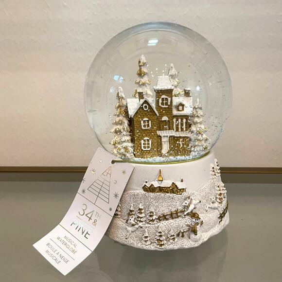 34TH & PINE Christmas Musical Waterglobe White & Gold Holiday Glam Decor NEW - Picture 1 of 8